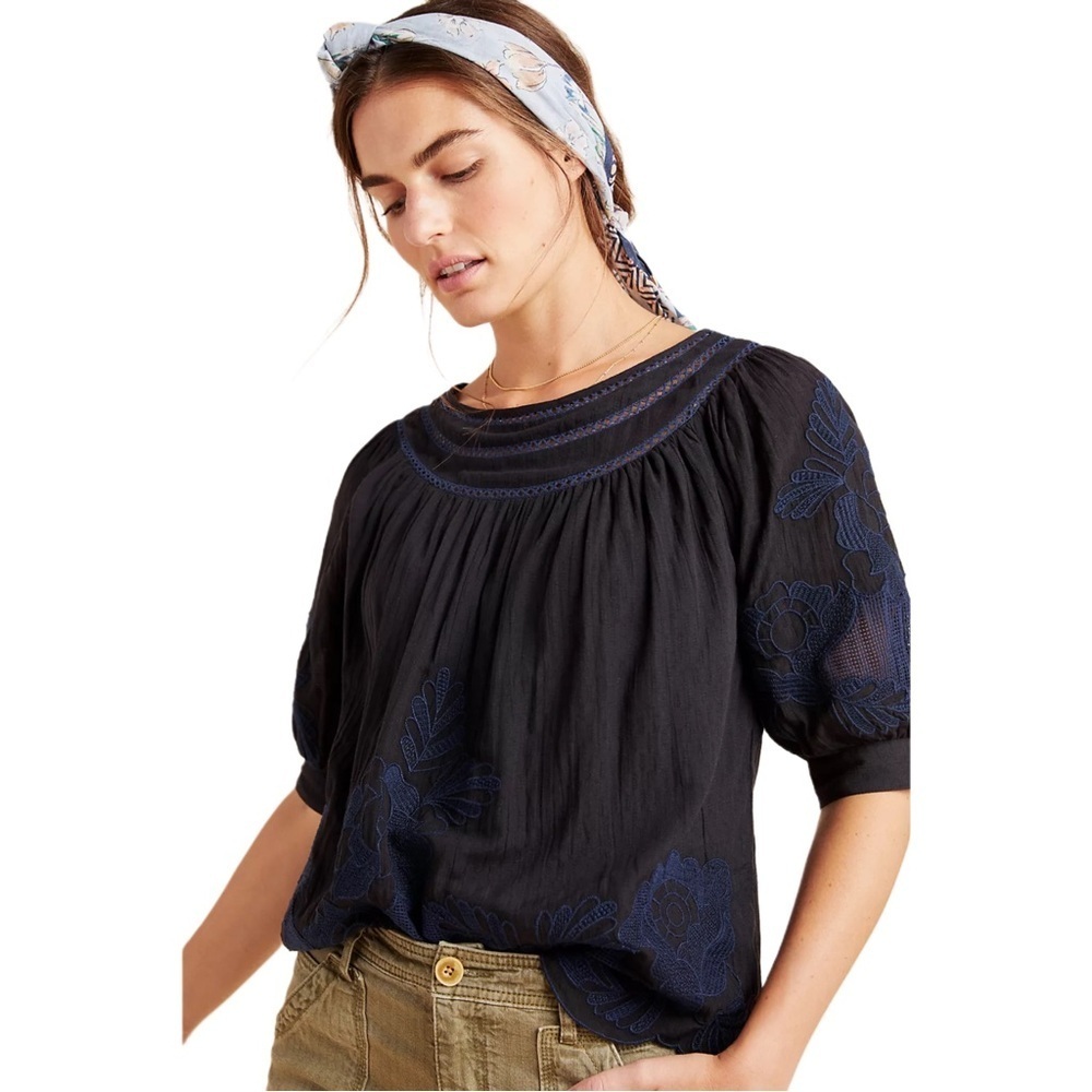 Anthropologie Black Navy Salma Embroidered Lined Peasant Blouse Size 0 - Picture 1 of 12